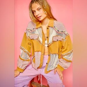 POL Embroidered Twill Tan Jacket Patchwork Mesh Stripe Floral Button Down L NWOT